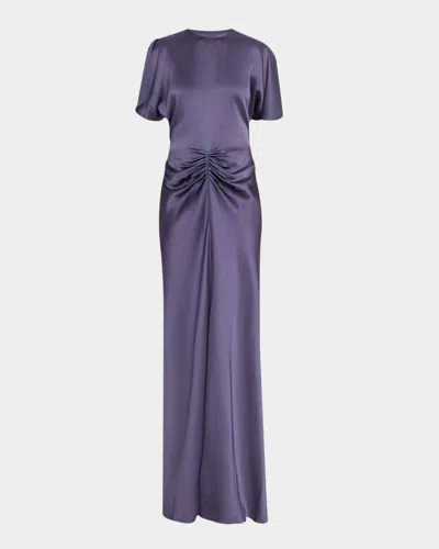 VICTORIA BECKHAM GATHERED WAIST FLUTTER-SLEEVE SATIN GOWN