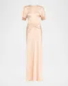 Victoria Beckham Gathered Waist Flutter-sleeve Satin Gown In Pink