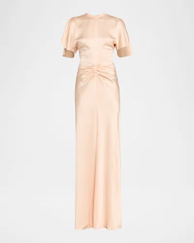 Victoria Beckham Gathered Waist Flutter-sleeve Satin Gown In Pink