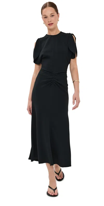 Victoria Beckham Navy Blue Long Dress With Gathered Waist In White