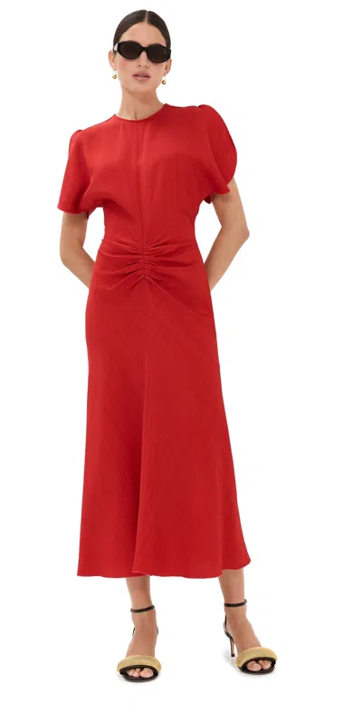 Victoria Beckham Gathered Waist Midi Dress Carmine In Red