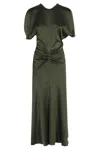 Victoria Beckham Gathered Waist Midi Dress In Olive Crepe Satin In Black