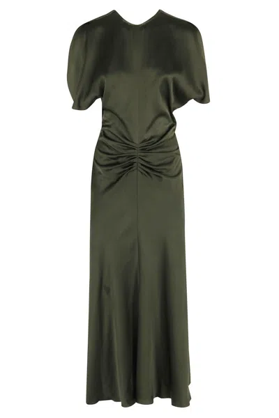 Victoria Beckham Gathered Waist Midi Dress In Olive Crepe Satin In Black