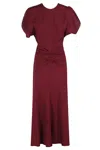 Victoria Beckham Waist Gathered Midi Dress With Ruched Detailing In Port
