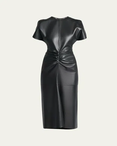 Victoria Beckham Gathered-waist Puff-sleeve Leather Midi Dress In Black