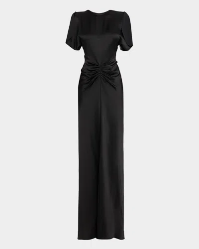 Victoria Beckham Gathered Waist Satin Maxi Dress In Black