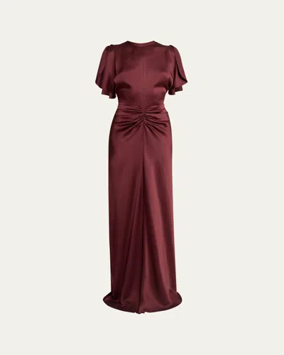 Victoria Beckham Maroon Crew Neck Gathered Waist Dress In Burgundy