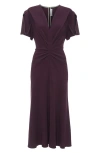 Victoria Beckham Gathered V-neck Wool Midi Dress In Fig