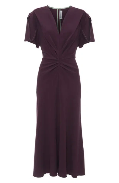 VICTORIA BECKHAM VICTORIA BECKHAM GATHERED WOOL BLEND CREPE MIDI DRESS