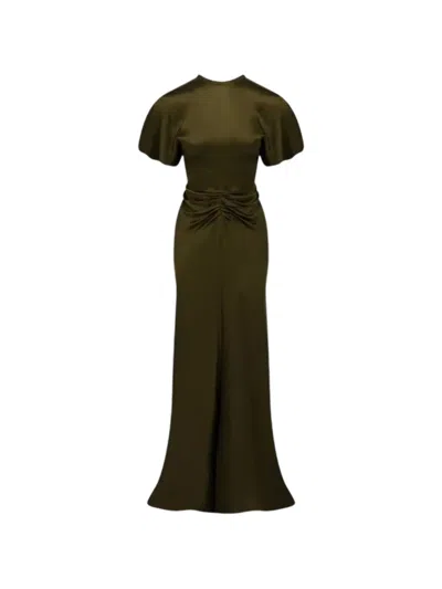 Victoria Beckham Gathered-waist Flared-hem Maxi Dress In Green