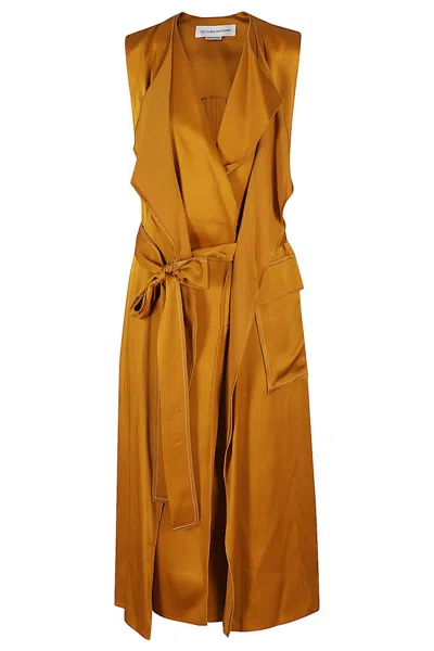 Victoria Beckham Draped Satin Midi Wrap Dress In Brown