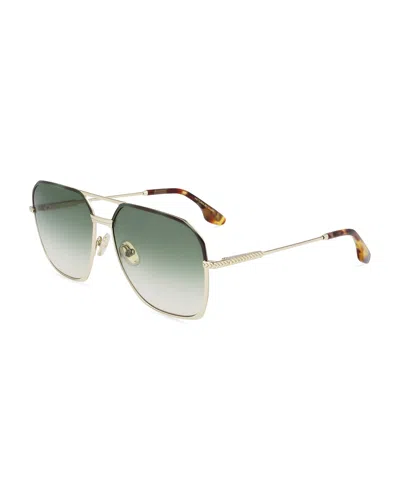 Victoria Beckham Gradient Metal Navigator Sunglasses W/ Chevron-trim In Gold/green