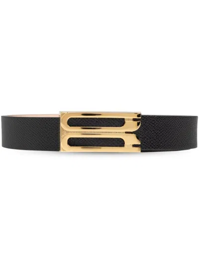 Victoria Beckham Grained Calfskin Belt With Gold Metal Buckle In Black