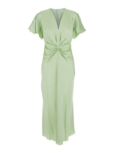 Victoria Beckham Green Long Dress With Pleated Details In Viscose Blend Woman