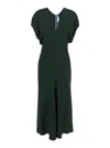 Victoria Beckham Green Midi Dress With Ruched Sleeves And V Neck