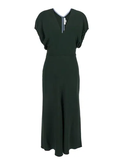 Victoria Beckham Green Midi Dress With Ruched Sleeves And V Neck In Viscose Blend Stretch Woman