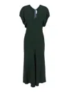 Victoria Beckham Green Midi Dress With Ruched Sleeves And V Neck
