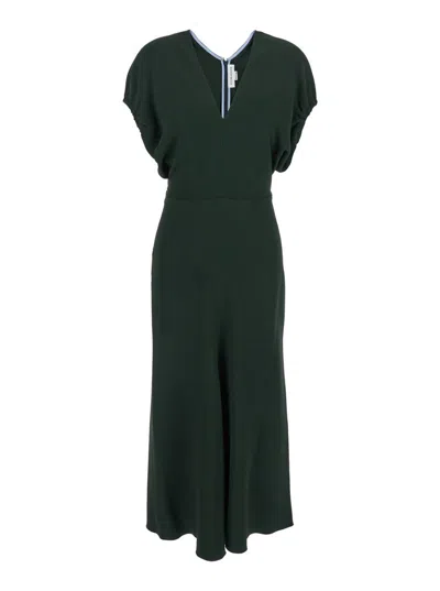 Victoria Beckham Green Midi Dress With Ruched Sleeves And V Neck In Viscose Blend Stretch Woman