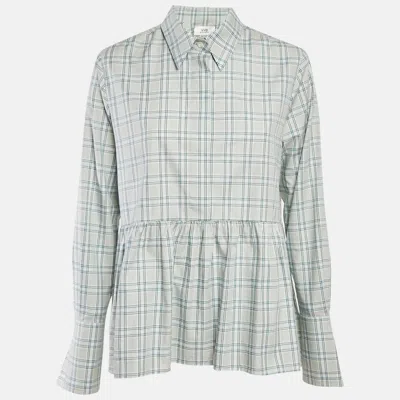 Victoria Beckham Green Plaid Cotton Button Front Blouse In Neutral