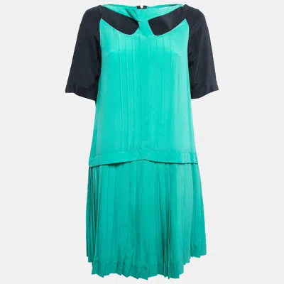 Victoria Beckham Green/navy Blue Silk Pleated Mini Dress