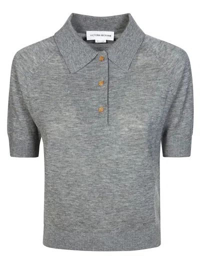 Victoria Beckham Grey Ribbed Knit Polo Shirt In Gray