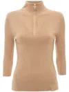 Victoria Beckham Ribbed Merino Wool-blend Half-zip Sweater In Brown