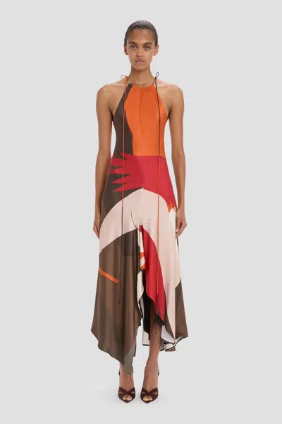 Victoria Beckham Halter Neck Midi Dress In Abstract Dark Earth In Multi