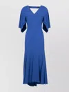 Victoria Beckham Hem Asymmetric Flared Midi V-neck Dress In Blue