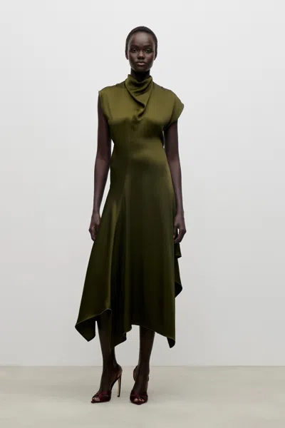 Victoria Beckham High Neck Draped Midi Dress In Green In Animal Print