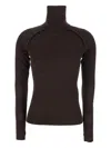Victoria Beckham Brown Turtleneck Sweater With Logo Patch On The Sleeve In Cotton Blend Woman In Black