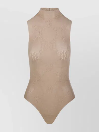 Victoria Beckham High Neck Lace Texture Bodysuit In Nude
