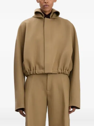 Victoria Beckham Hooded Drawstring Jacket In Brown