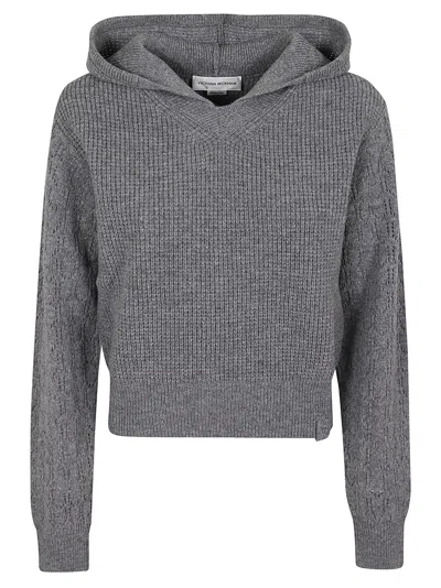 Victoria Beckham Hooded Pointelle Jumper In Grey Marl