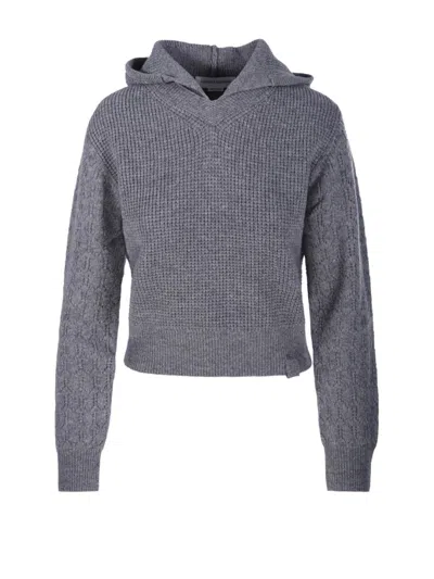 Victoria Beckham Hooded Pointelle Jumper Sweatshirt In Grey