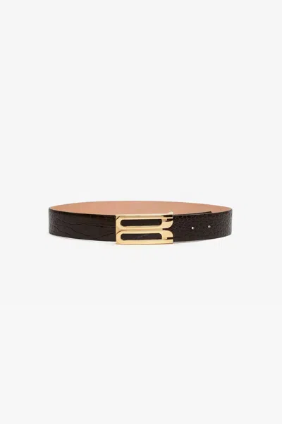Victoria Beckham Jumbo Dorian Belt In Chocolate Croc Embossed Leather In Brown