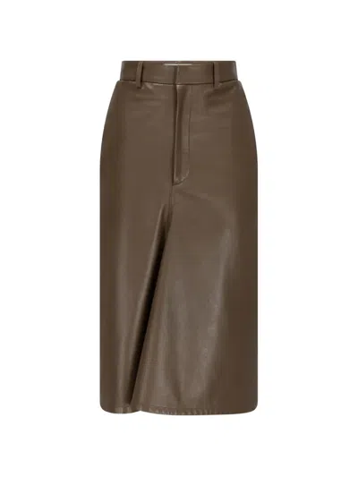 Victoria Beckham Kick-detail Leather Midi Skirt In 브라운