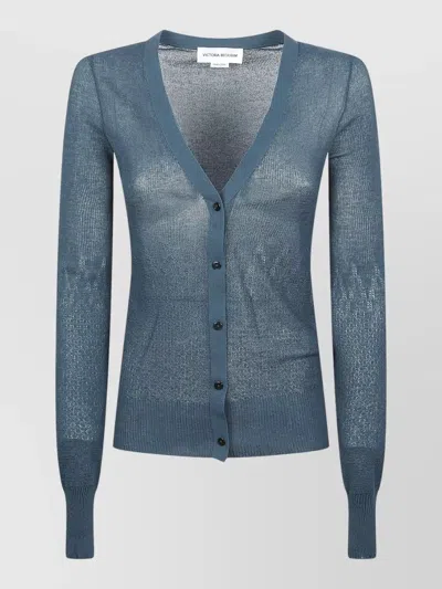 Victoria Beckham Knit Cardigan Long Sleeves Ribbed Cuffs Sheer In Blue