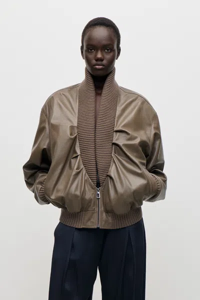 Victoria Beckham Leather Bomber Jacket In Brown In Multi