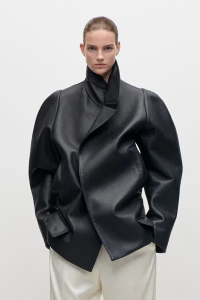 Victoria Beckham Leather Pea Coat In Black