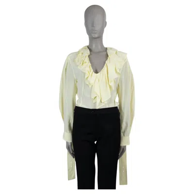 Pre-owned Victoria Beckham Lemon Yellow Silk 2023 Ruffled Sheer Blouse Shirt Xs