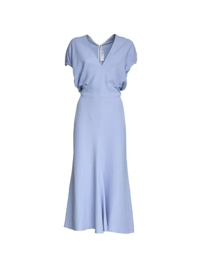 Victoria Beckham Light Blue Midi Dress With V-neck And Short Sleeves