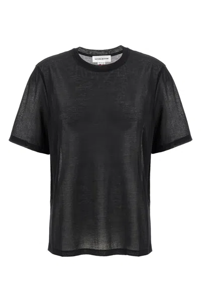 Victoria Beckham Embroidered Logo Sheer Fabric Crew Neck T-shirt In Black