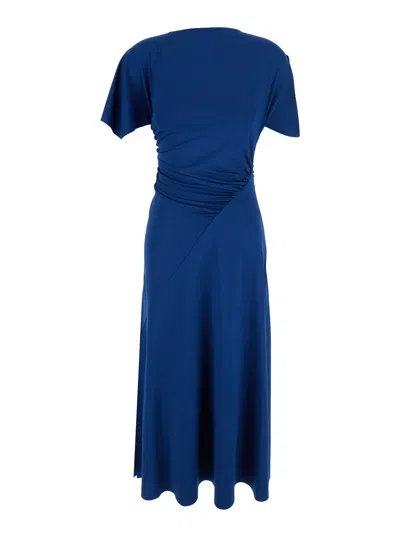 Victoria Beckham Long Cap-sleeve Dress With Elastic Waist In Stretch Tech Fabric In Blue