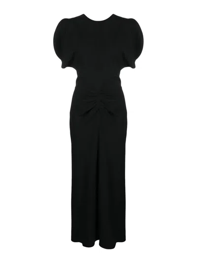 Victoria Beckham Navy Blue Long Dress With Gathered Waist In White