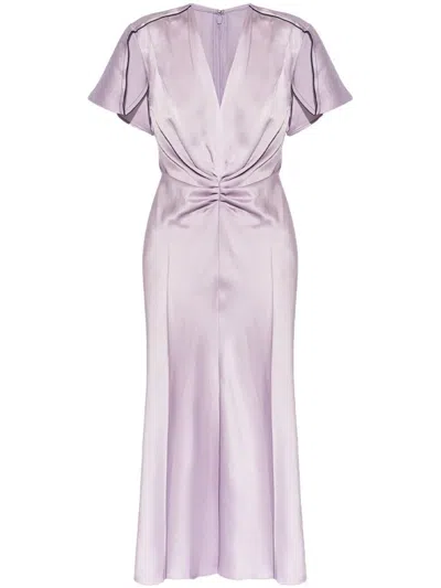 VICTORIA BECKHAM VICTORIA BECKHAM LONG MC GATHERED VIOLET NECK DRESS