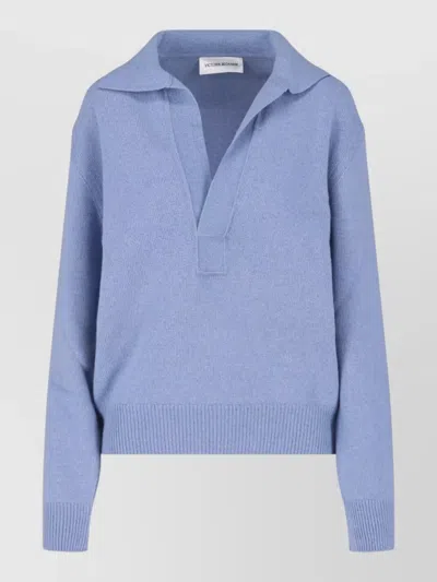 Victoria Beckham Long Sleeve Crewneck Top Ribbed Cuffs Hem In Blue