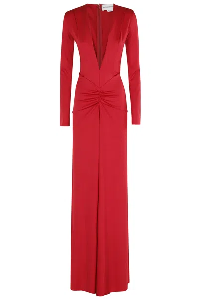 Victoria Beckham Long Sleeves Deep V-neck Gown In Red