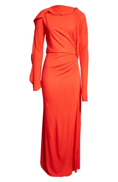 Victoria Beckham Long Sleeve Draped Jersey Gown In Orange