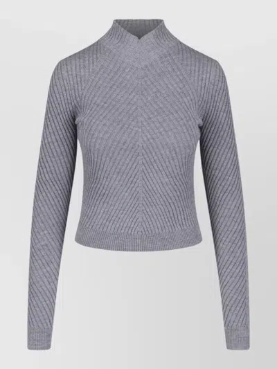 Victoria Beckham Long Sleeve Mock Neck Cropped Ribbed Top In Gray