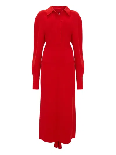 Victoria Beckham Long-sleeve Polo-collar Midi Dress In Red